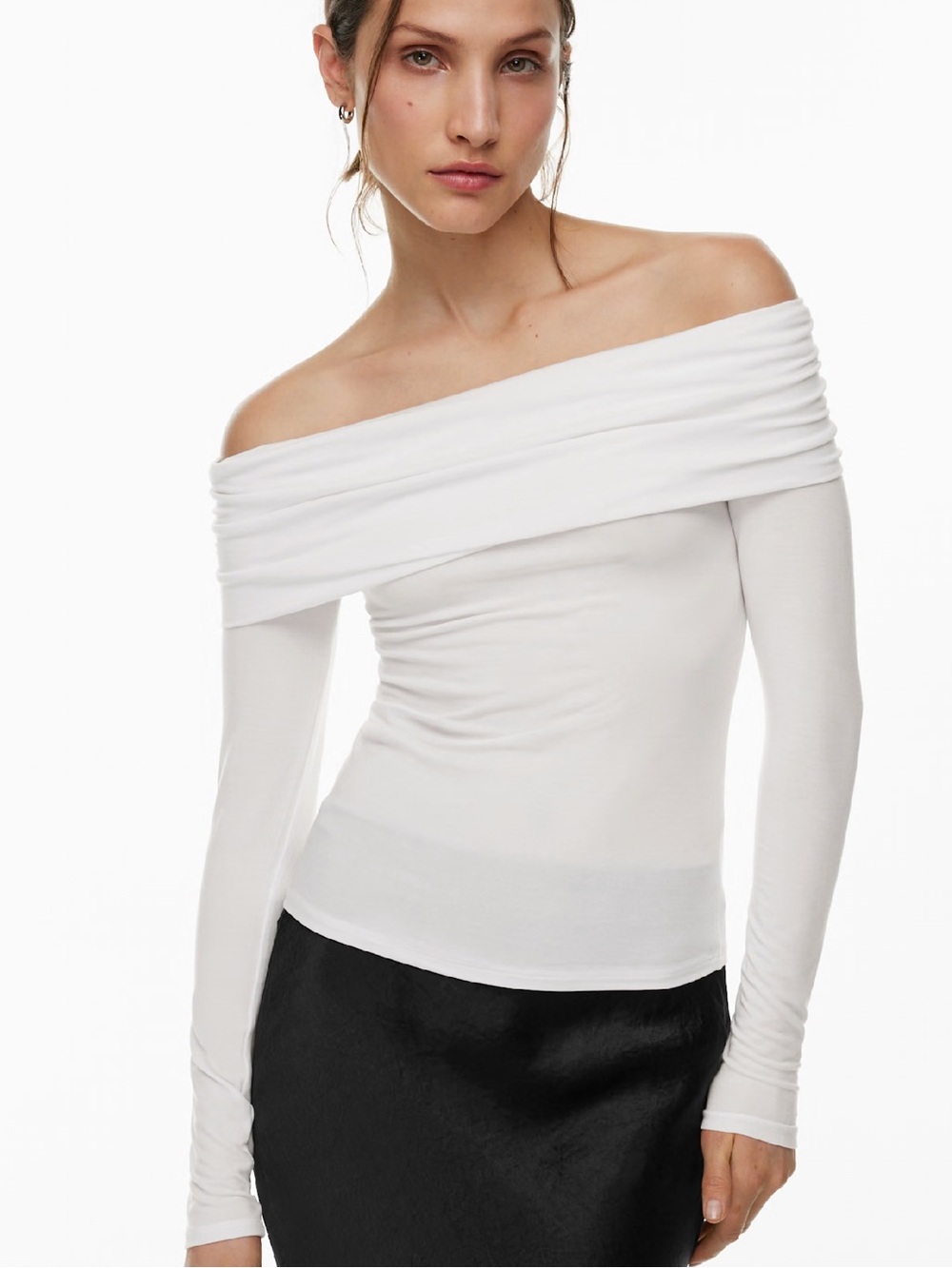 Aritzia Babaton Streamline Top White Buttery Soft Stretch Off Shoulder Top Sz S